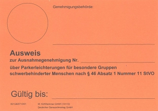 Orangener Parkausweis für Schwerbehinderte_Vorlage © Stadt Sehnde