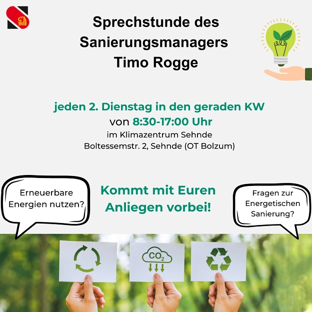 Sprechstunde Sanierungsmanagement Sprechstunde Sanierungsmanagement © Stadt Sehnde
